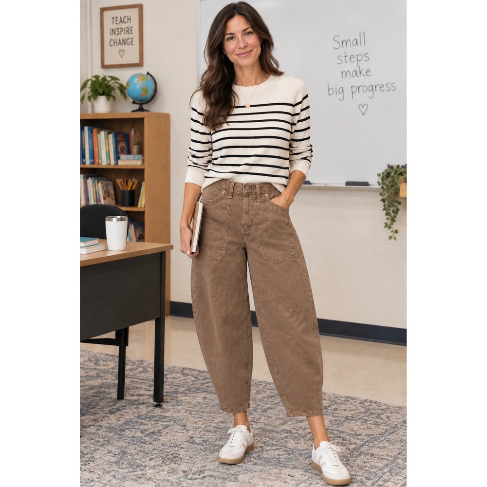 Universal Thread High Rise Easy Barrel Pants Tan Brown Stitched Pinstripe Sz 6